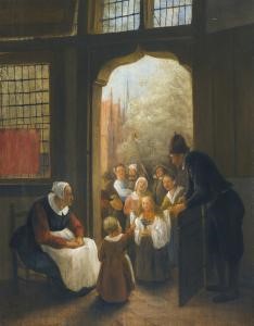 Jan Havicksz Steen (ca. 1626 – 1679); Pinksterbloem (The Whitsun Bride), A Procession of Children Standing Before the Door of a Home. Oil on oak panel.  